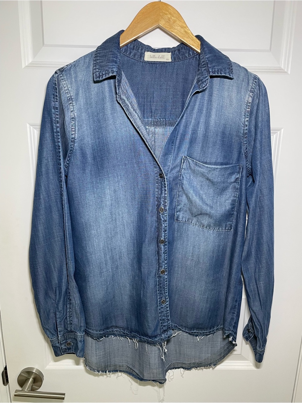 Bella Dahl Denim/Chambray Womens XS/S Top Oversized Distressed Hi-Lo Made in USA